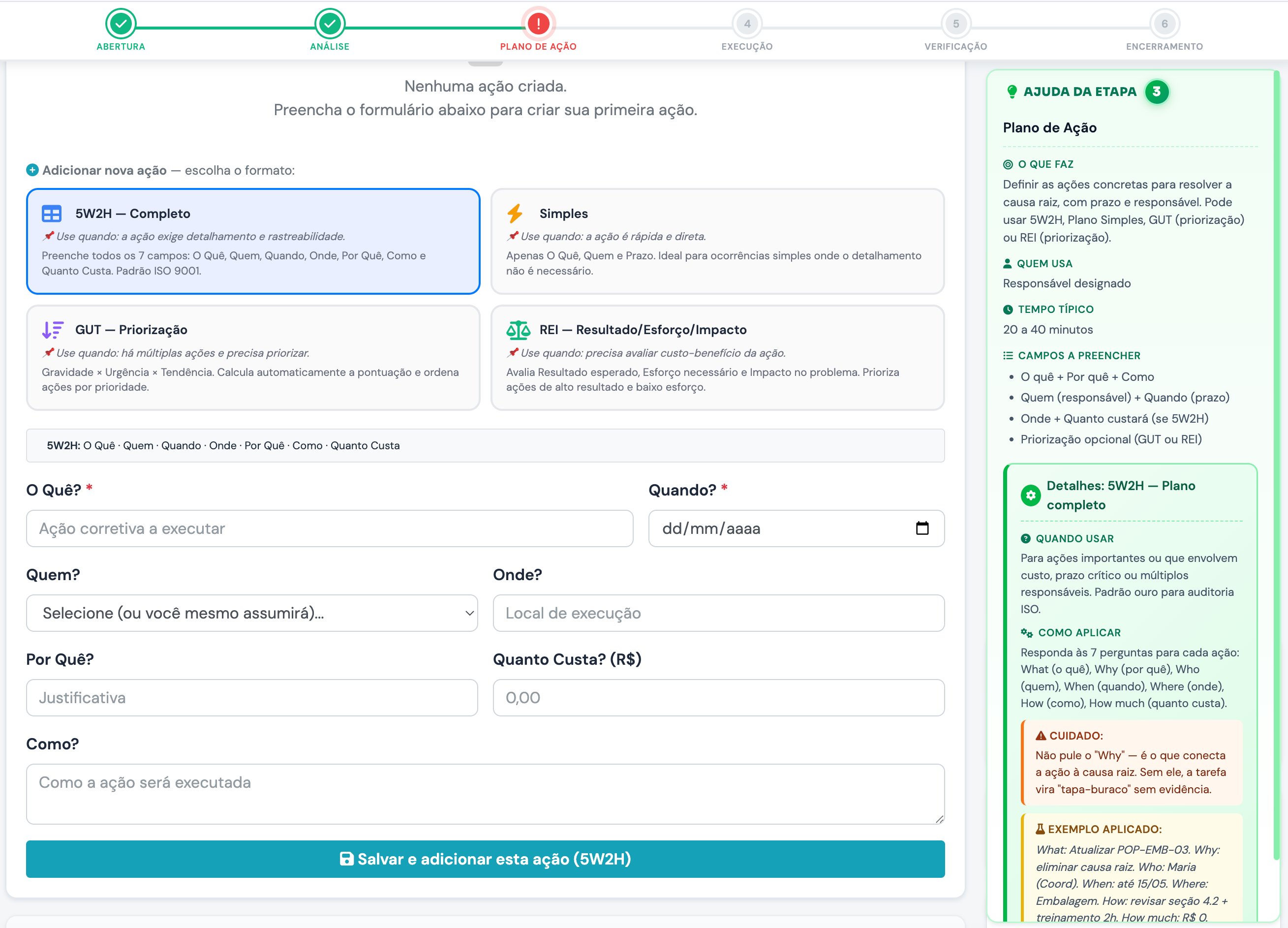 Painel de Ajuda Contextual do QualitControl mostrando o método 5W2H sendo explicado com Quando Usar, Como Aplicar, Cuidado e Exemplo Aplicado em tempo real